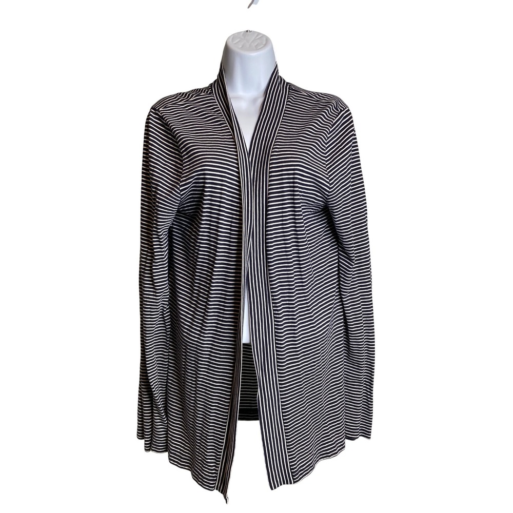 J Crew Womens Open Front Cardigan Sz L Navy White Striped Cotton Preppy Coastal